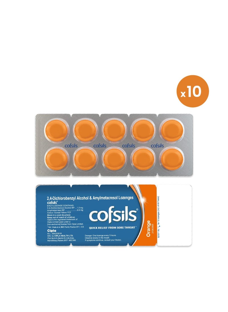 Cofsils Lozenges (100 Lozenges) | Orange Flavour | Quick Relief from Sore Throat, Itchy Throat and Scratchy Throat (10 x 10 Strips)