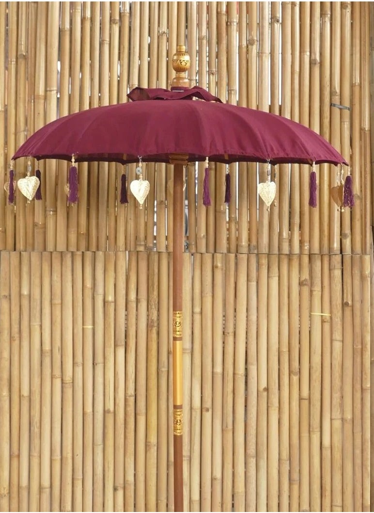 Bali Umbrella Deep Claret With Metal Coins And Silver Hearts 130cm Diameter