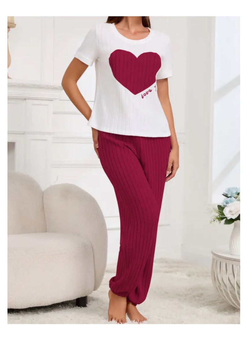 2 Pieces Women Pajama Set Heart Pattern Short Sleeve Long Pants Ladies Loungewear and Sleepwear