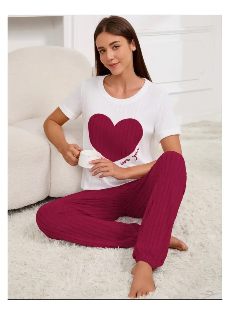 2 Pieces Women Pajama Set Heart Pattern Short Sleeve Long Pants Ladies Loungewear and Sleepwear