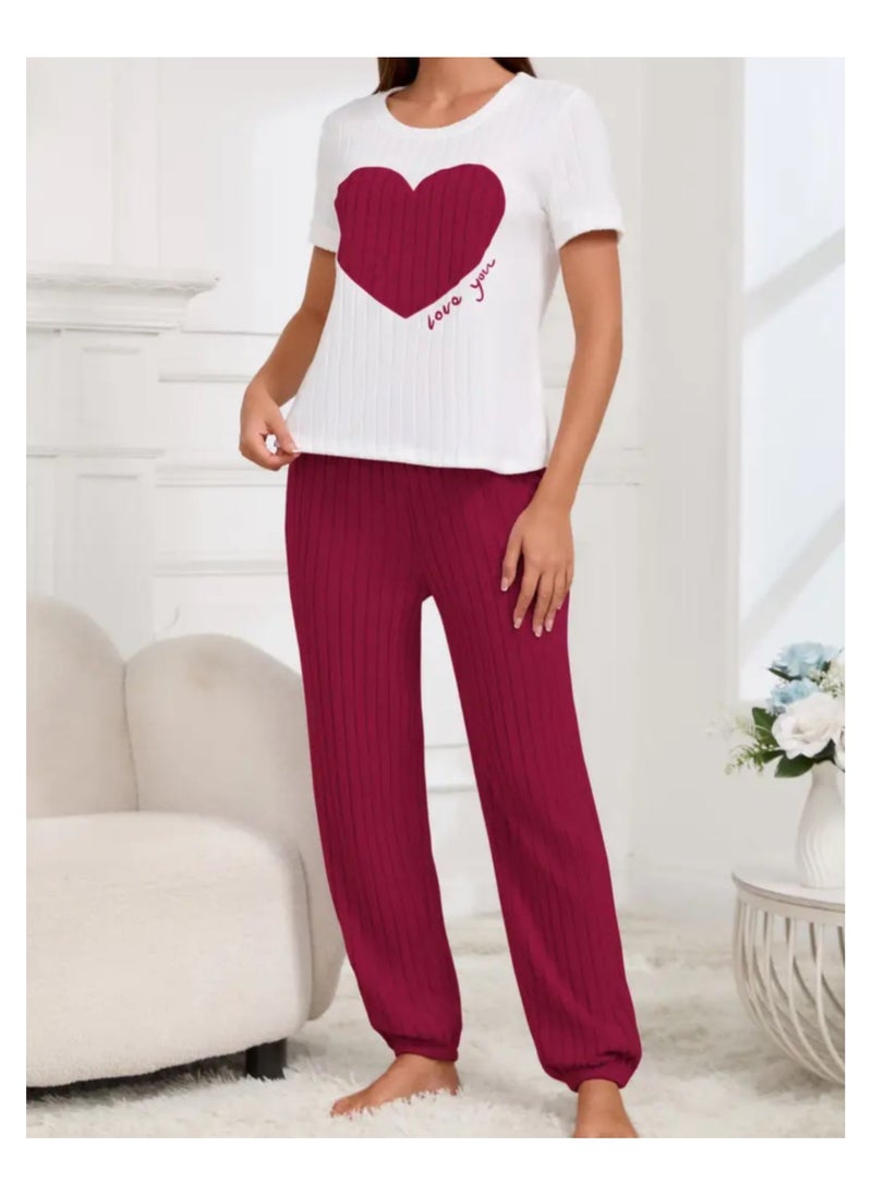 2 Pieces Women Pajama Set Heart Pattern Short Sleeve Long Pants Ladies Loungewear and Sleepwear