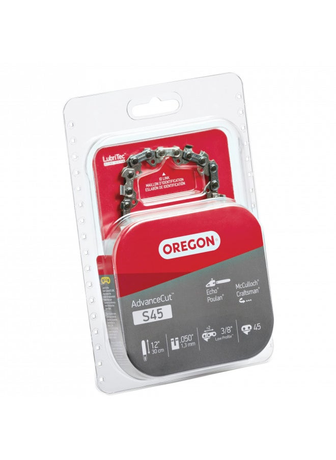 Oregon S45 AdvanceCut Replacement Chainsaw Chain for 12-Inch Guide Bar, 45 Drive Links, Pitch: 3/8