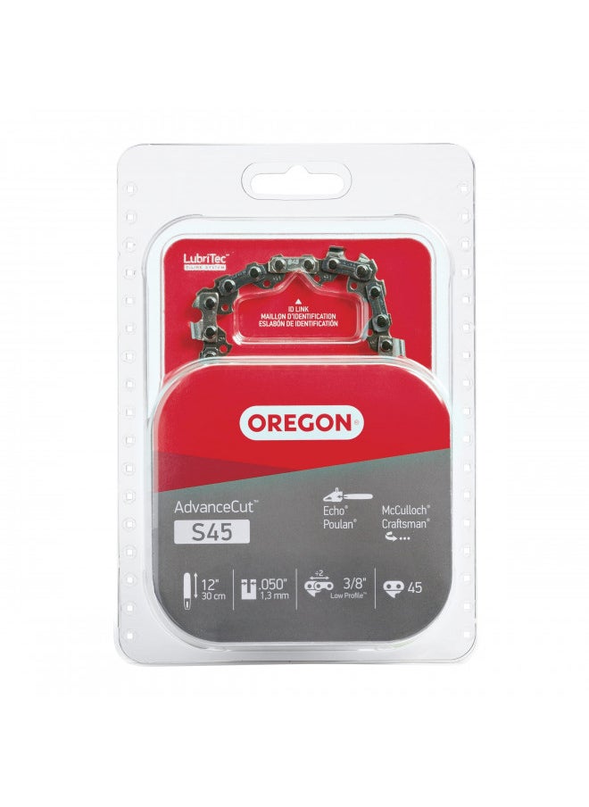 Oregon S45 AdvanceCut Replacement Chainsaw Chain for 12-Inch Guide Bar, 45 Drive Links, Pitch: 3/8