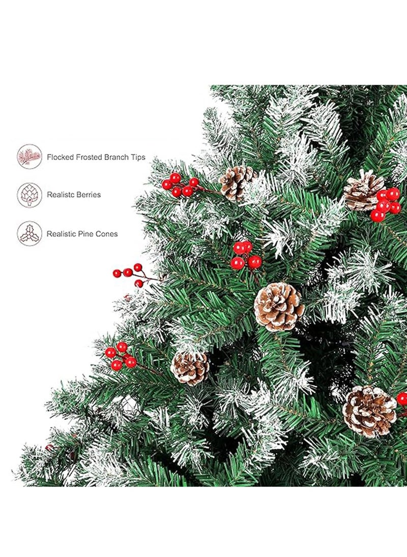 Artificial Tree Holiday Tree Flocked Artificial Tree Spruce Whole Tree with Metal Stand Pine Cones and Berries Suitable for Home Office Party New Year Decoration (A)