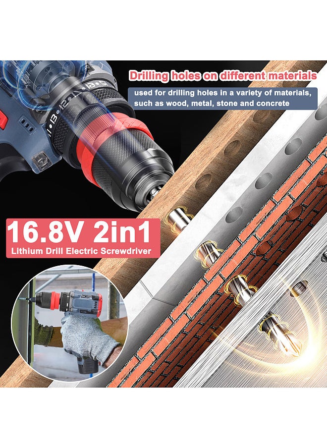 16.8V 2in1 Lithium Drill Electric Screwdriver Multi-function Power Tool 45Nm Torque Brushless Motor Practical Screw Driver for Home Appliances Furniture Installation Automotive Electronics Repairing