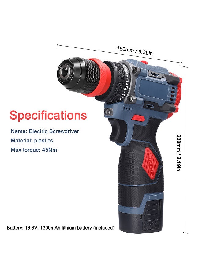 16.8V 2in1 Lithium Drill Electric Screwdriver Multi-function Power Tool 45Nm Torque Brushless Motor Practical Screw Driver for Home Appliances Furniture Installation Automotive Electronics Repairing