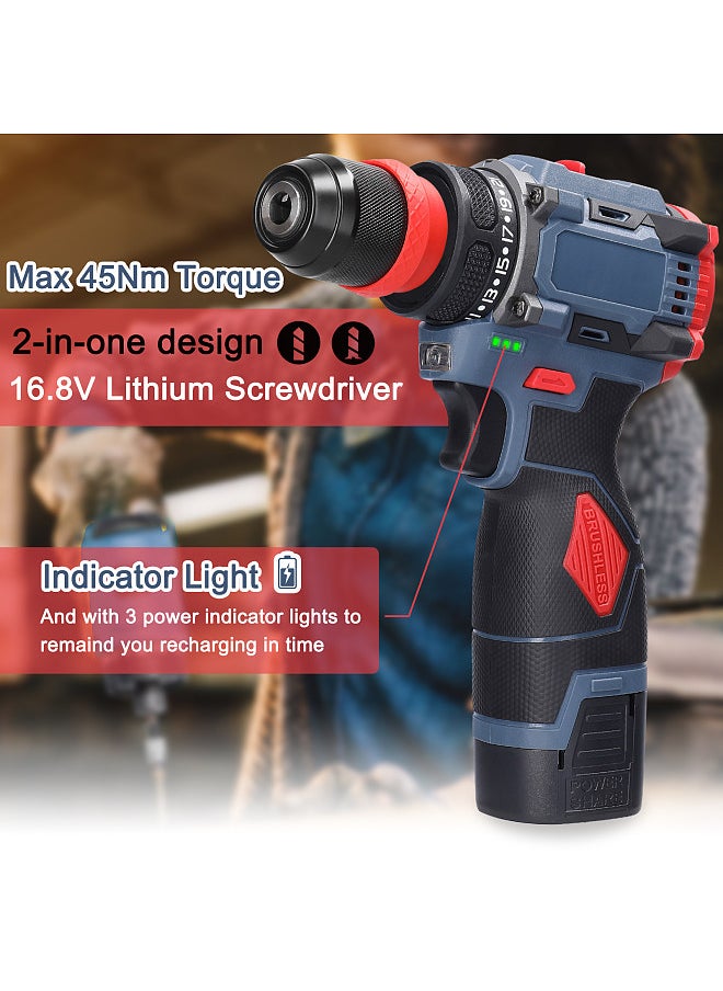 16.8V 2in1 Lithium Drill Electric Screwdriver Multi-function Power Tool 45Nm Torque Brushless Motor Practical Screw Driver for Home Appliances Furniture Installation Automotive Electronics Repairing