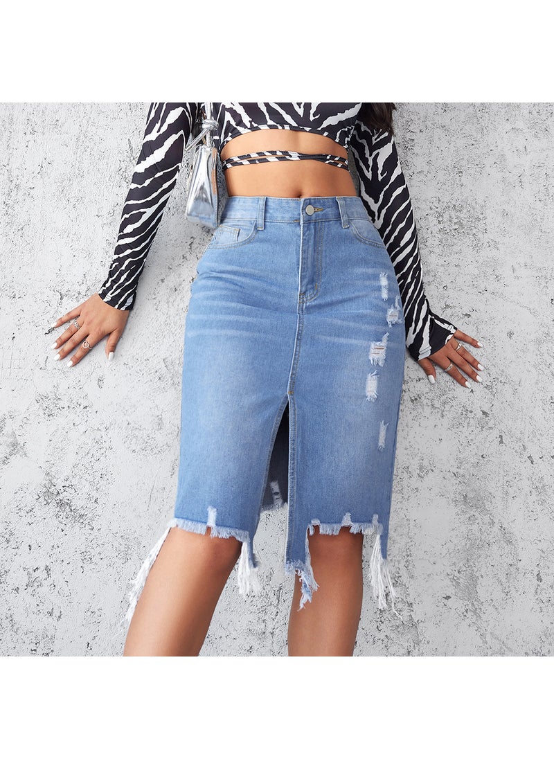 2024 Summer Denim Skirt Womens Chic Washed Fringe Mid-Length light blue