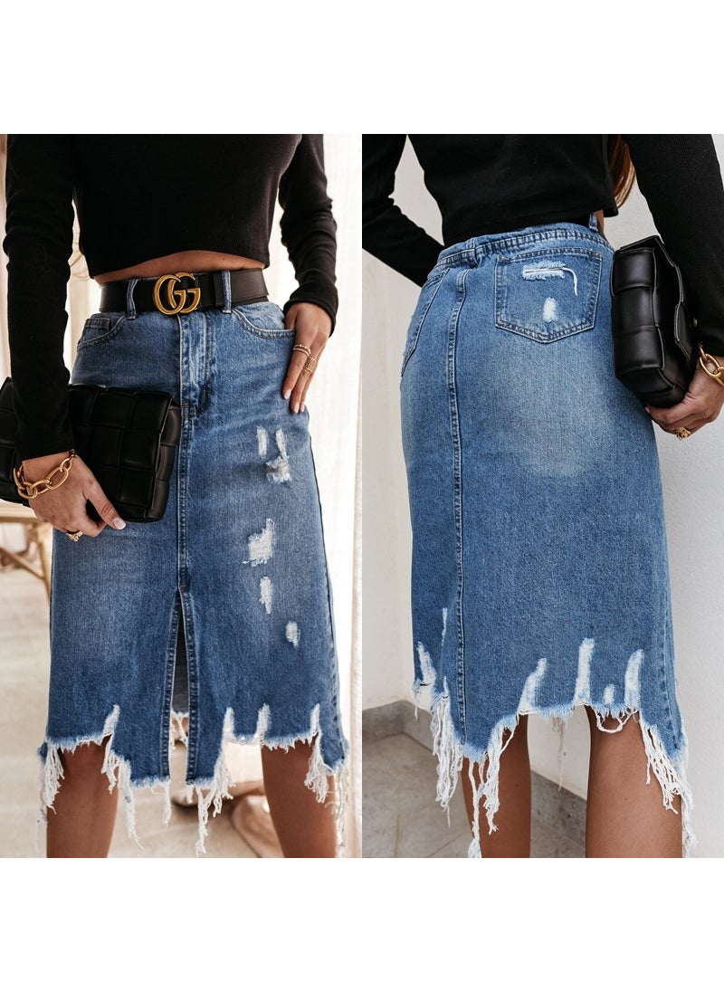 2024 Summer Denim Skirt Womens Chic Washed Fringe Mid-Length light blue