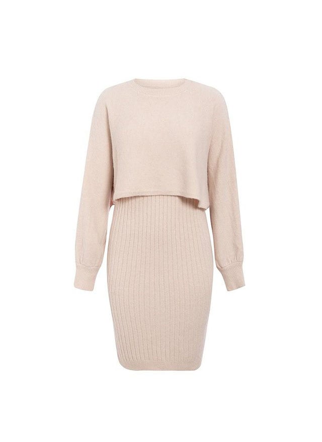 Cross-border hot-selling knitted dress two-piece 2023 autumn and winter New European and American fashion solid color pullover sweater women Pink