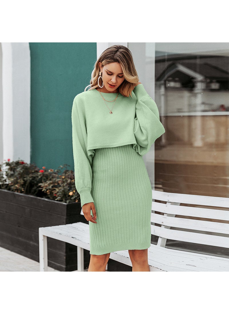 Cross-border hot-selling knitted dress two-piece 2023 autumn and winter New European and American fashion solid color pullover sweater women Yellow