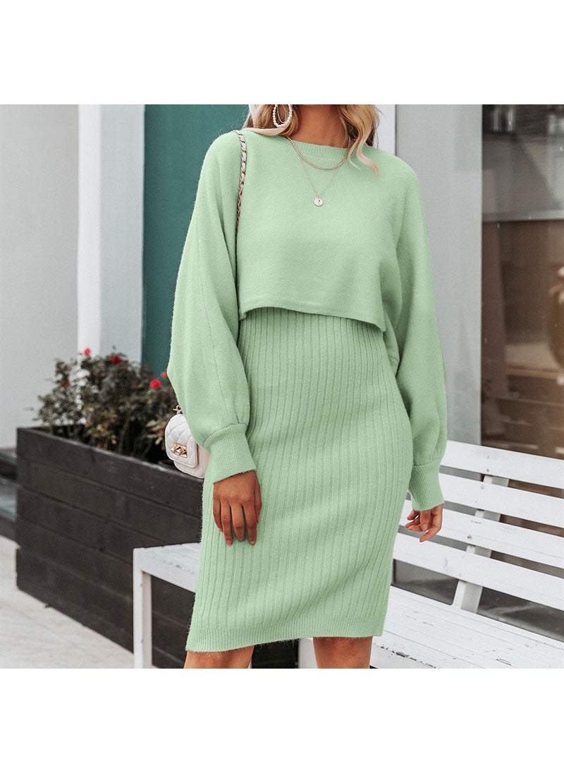 Cross-border hot-selling knitted dress two-piece 2023 autumn and winter New European and American fashion solid color pullover sweater women Yellow