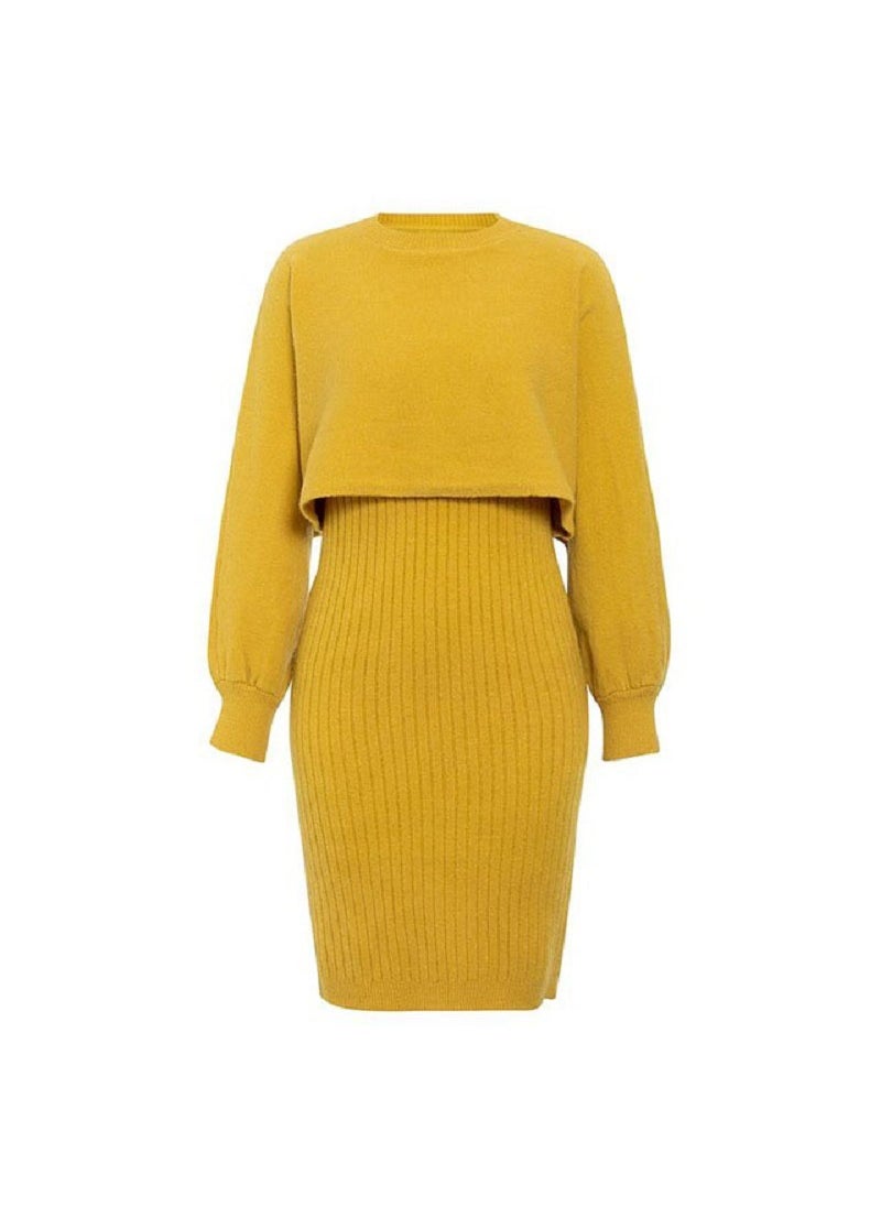 Cross-border hot-selling knitted dress two-piece 2023 autumn and winter New European and American fashion solid color pullover sweater women Yellow