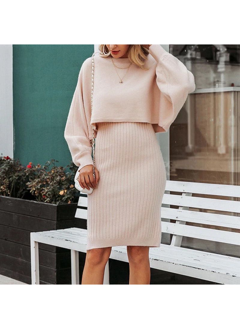 Cross-border hot-selling knitted dress two-piece 2023 autumn and winter New European and American fashion solid color pullover sweater women Yellow