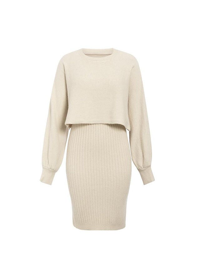 Cross-border hot-selling knitted dress two-piece 2023 autumn and winter New European and American fashion solid color pullover sweater women Yellow