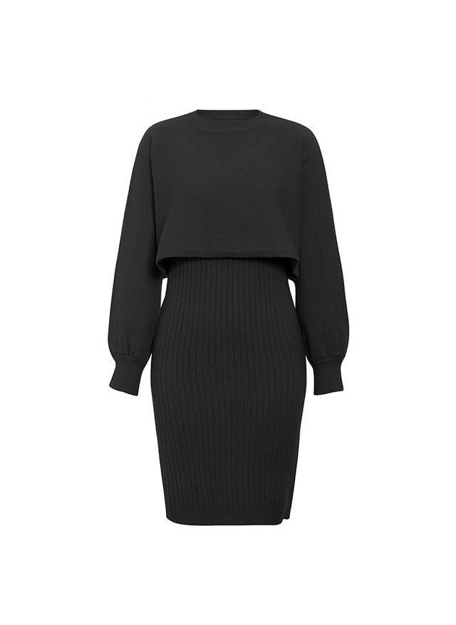 Cross-border hot-selling knitted dress two-piece 2023 autumn and winter New European and American fashion solid color pullover sweater women Black