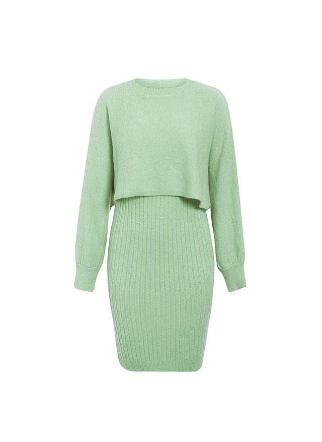 Cross-border hot-selling knitted dress two-piece 2023 autumn and winter New European and American fashion solid color pullover sweater women Light green