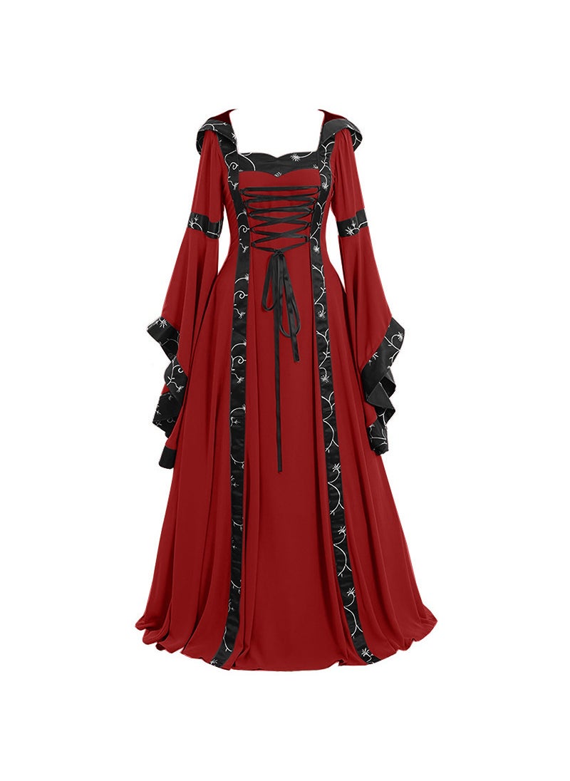 Medieval Renaissance Gown Lace-Up Square Neck Flared Sleeve Brown