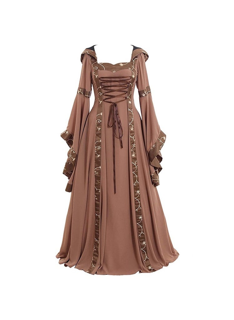 Medieval Renaissance Gown Lace-Up Square Neck Flared Sleeve Brown