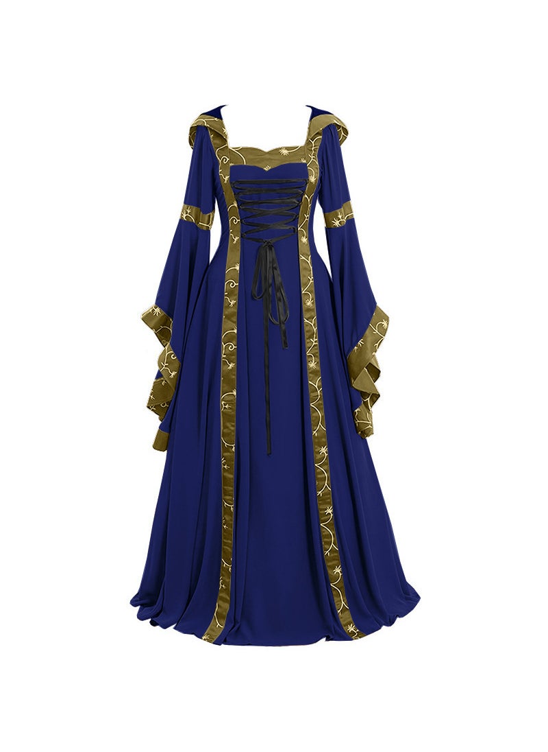 Medieval Renaissance Gown Lace-Up Square Neck Flared Sleeve Peacock Blue