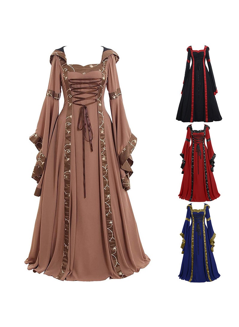 Medieval Renaissance Gown Lace-Up Square Neck Flared Sleeve Peacock Blue