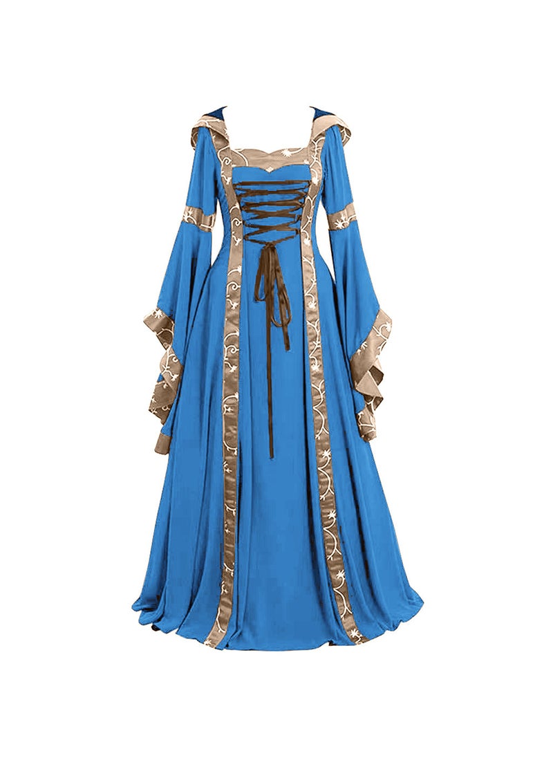 Medieval Renaissance Gown Lace-Up Square Neck Flared Sleeve Peacock Blue