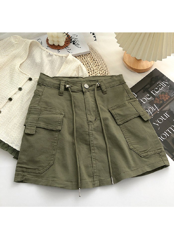 Spicy Girl Drawstring Denim Skirt Summer 2023 Army Green [Garib Lining]]