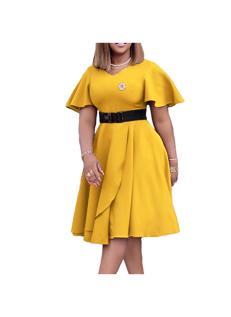 D297P Belt 2022 Cross-border Summer New European and American Womens Trumpet Sleeve Solid Color Large Size African Foreign Trade Dress Yellow