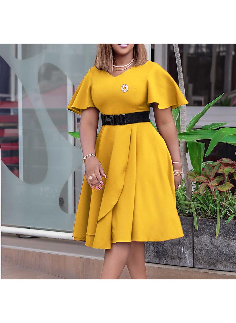 D297P Belt 2022 Cross-border Summer New European and American Womens Trumpet Sleeve Solid Color Large Size African Foreign Trade Dress Yellow