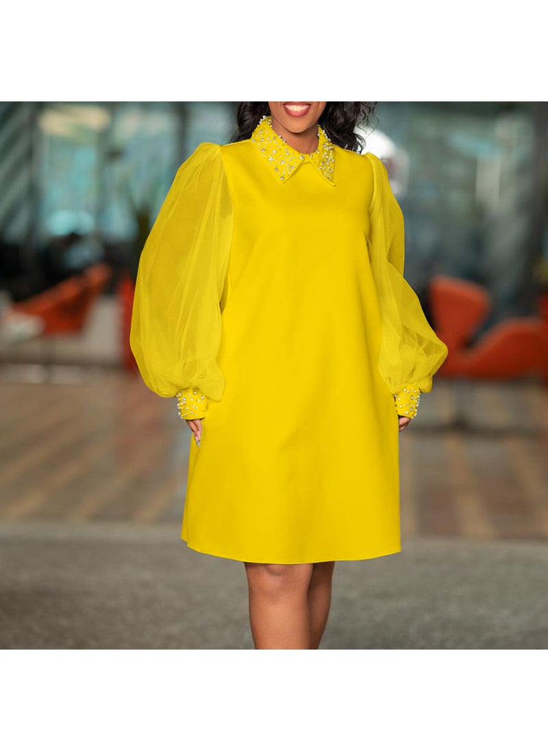 Elegant Beaded Mesh Sleeve Dress Plus Size Yellow