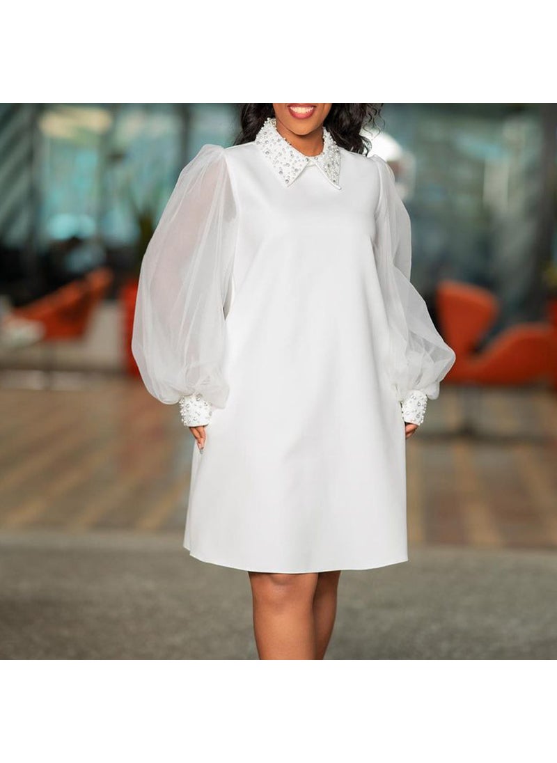 Elegant Beaded Mesh Sleeve Dress Plus Size White