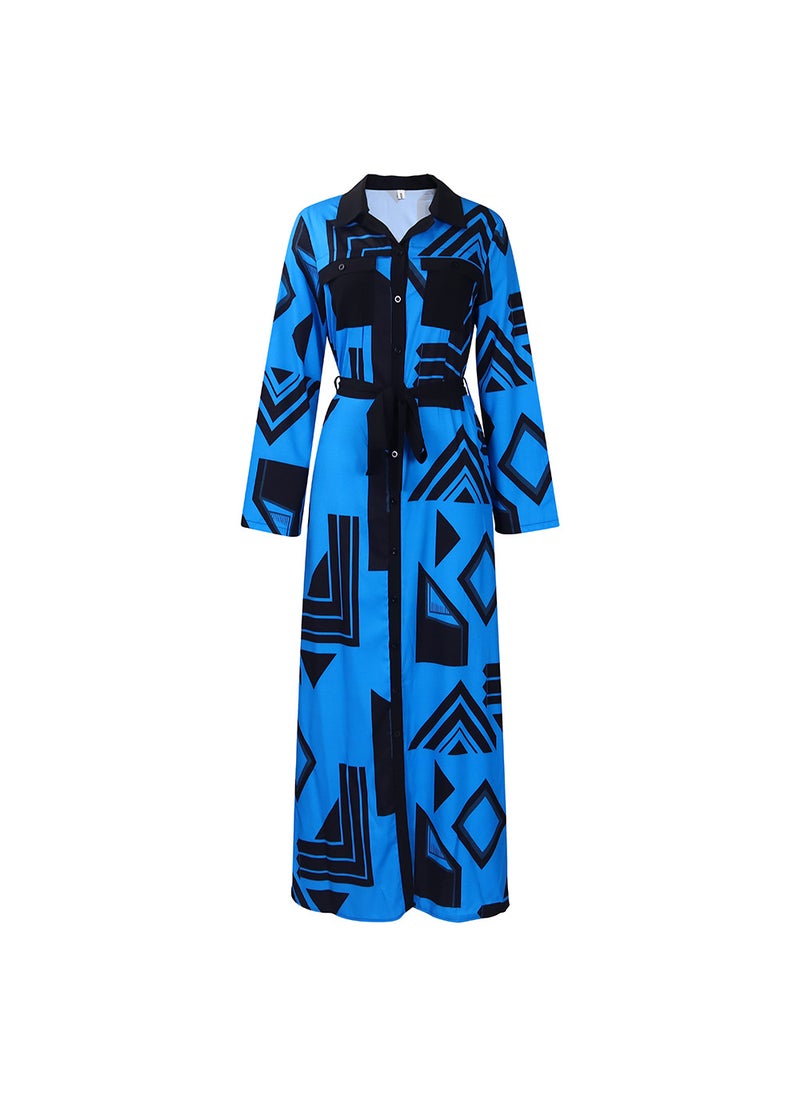 Autumn 2023 Stylish Printed Long Sleeve Dress Blue