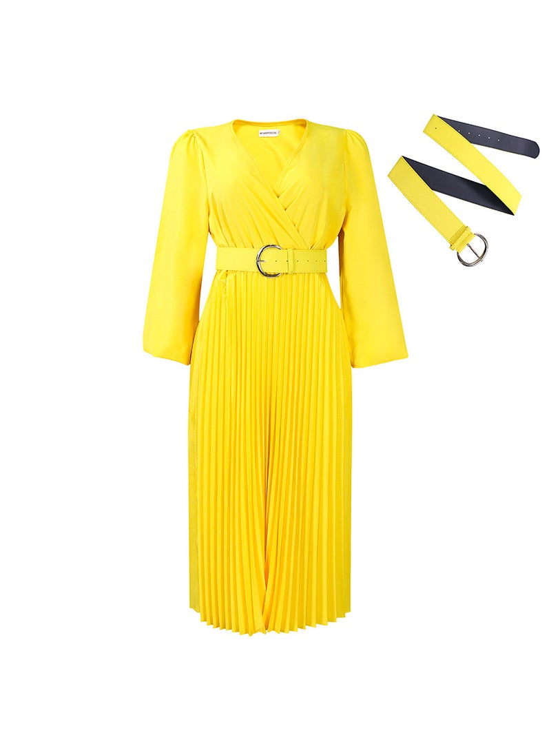 2023 Autumn Winter Plus Size Fashion V-Neck Pleated Midi Dress Yellow Belt