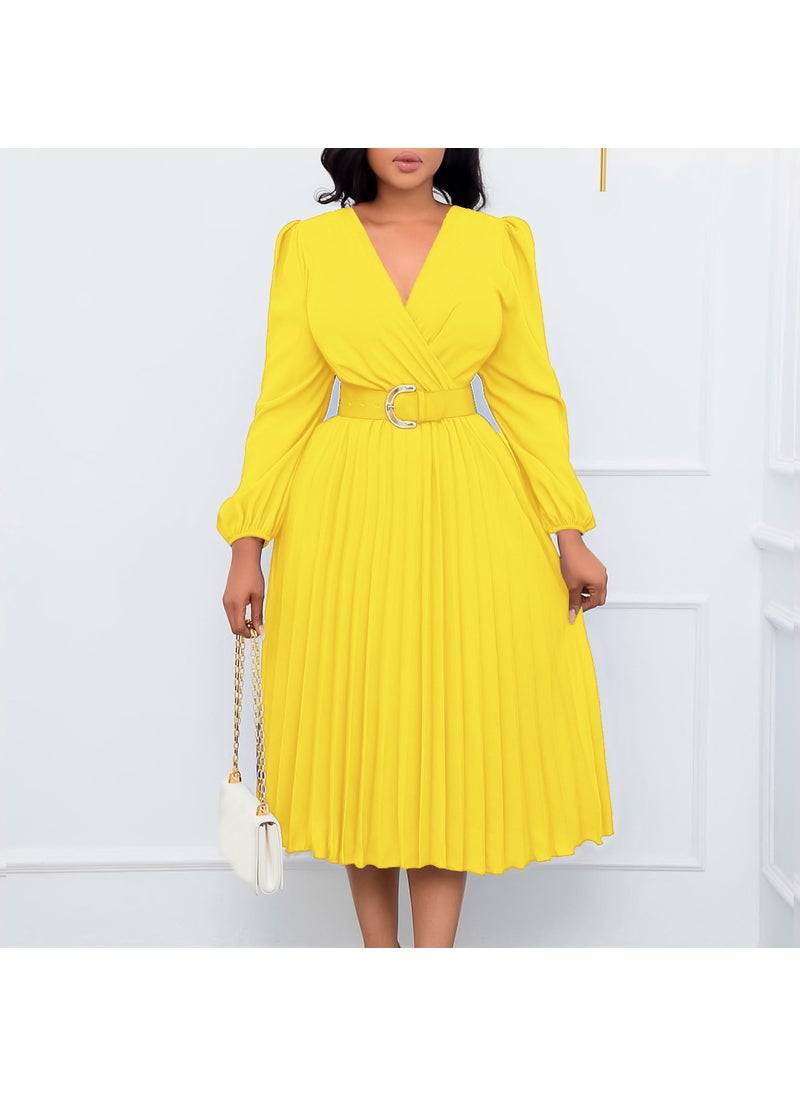 2023 Autumn Winter Plus Size Fashion V-Neck Pleated Midi Dress Yellow Belt