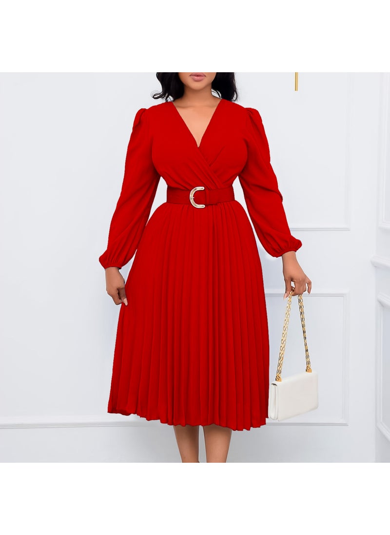 2023 Autumn Winter Plus Size Fashion V-Neck Pleated Midi Dress Yellow Belt