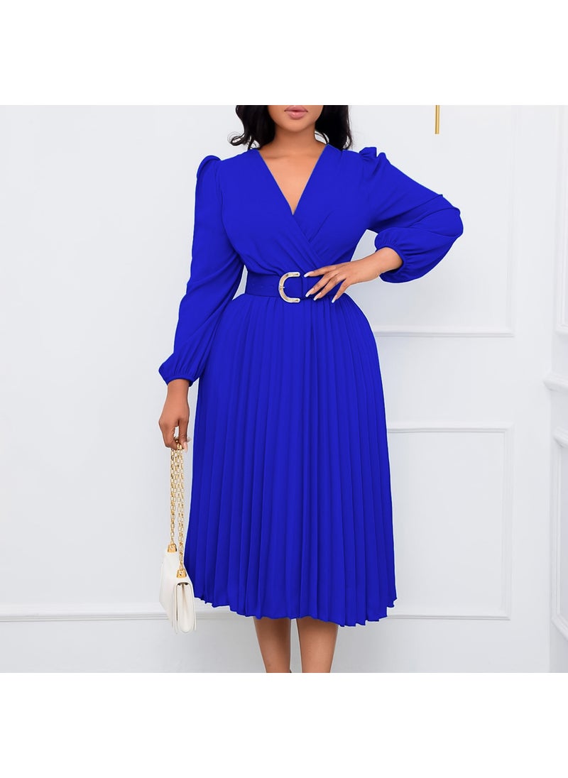 2023 Autumn Winter Plus Size Fashion V-Neck Pleated Midi Dress Yellow Belt