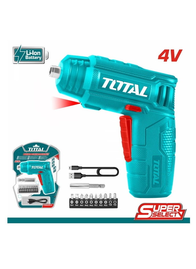 Total Lithium-Ion Cordless Screwdriver 4V - Versatile 4Nm Torque Screwdriver with Adjustable Handle and LED Light for DIY Projects