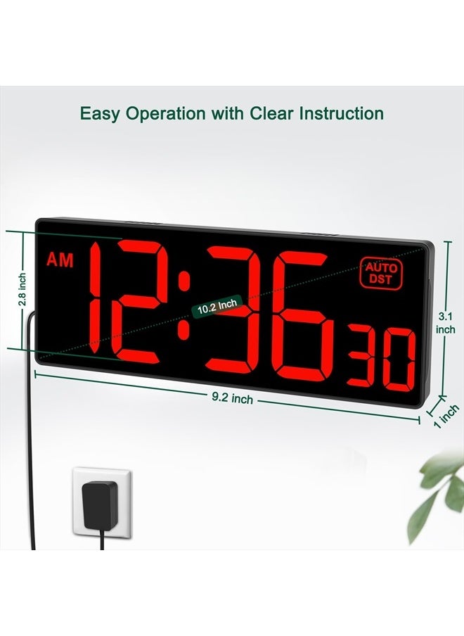 LED Digital Wall Clock with Seconds, Electric Clock Plug Auto DST Dimmer Large Display 10 Inches (Red)