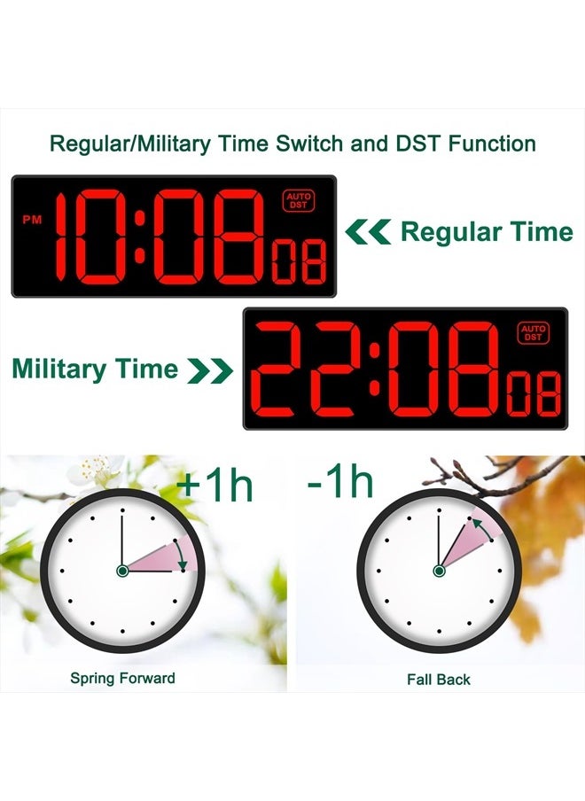 LED Digital Wall Clock with Seconds, Electric Clock Plug Auto DST Dimmer Large Display 10 Inches (Red)