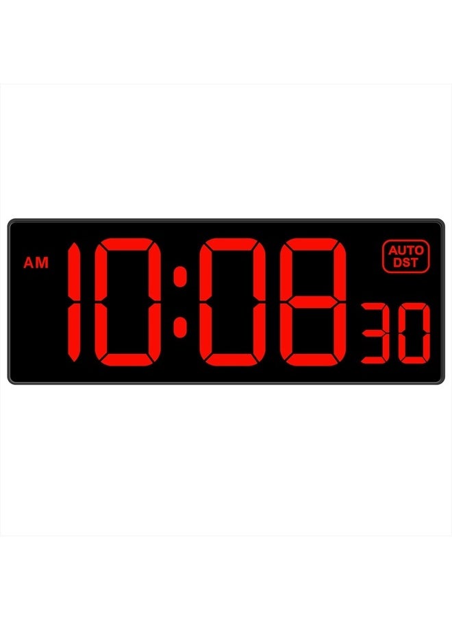 LED Digital Wall Clock with Seconds, Electric Clock Plug Auto DST Dimmer Large Display 10 Inches (Red)