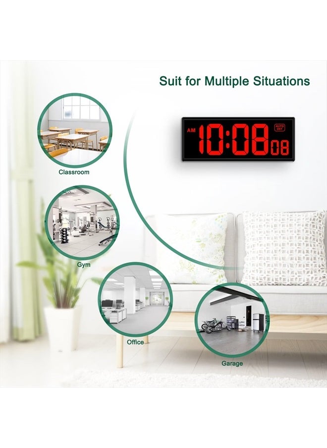 LED Digital Wall Clock with Seconds, Electric Clock Plug Auto DST Dimmer Large Display 10 Inches (Red)