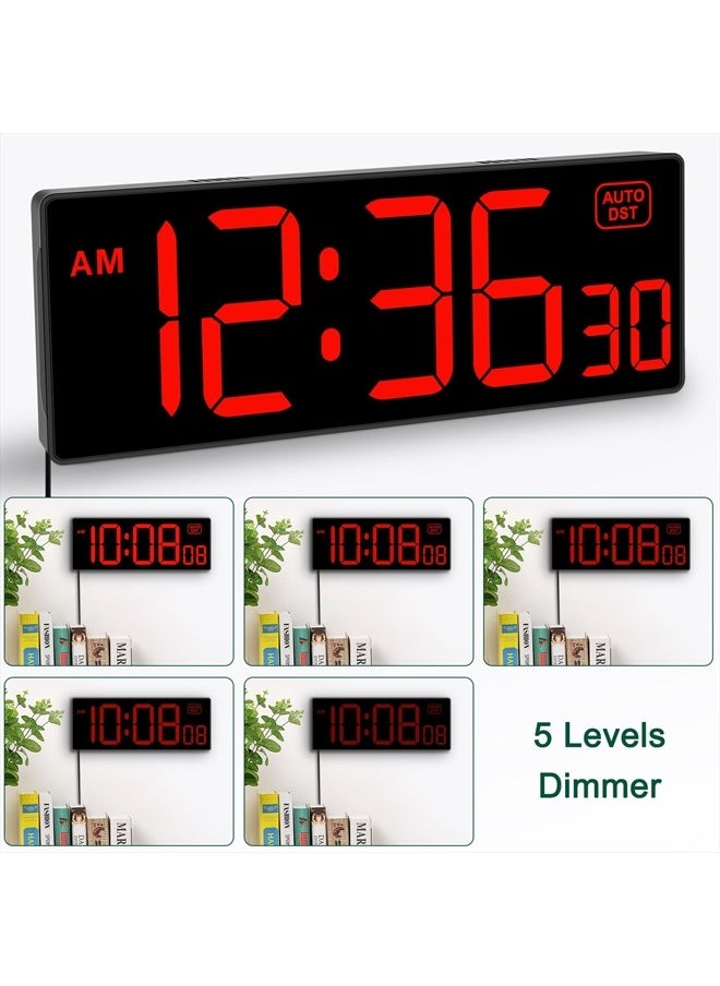 LED Digital Wall Clock with Seconds, Electric Clock Plug Auto DST Dimmer Large Display 10 Inches (Red)