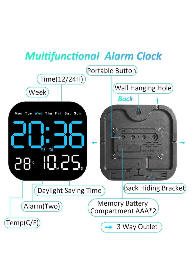 Digital Wall Clock, 10.5” LED Alarm Clock for Bedroom, with Remote Control,Date and Temperature,10 Level Brightness, Auto Dimming, for Living Room Office Gym Shop Decor