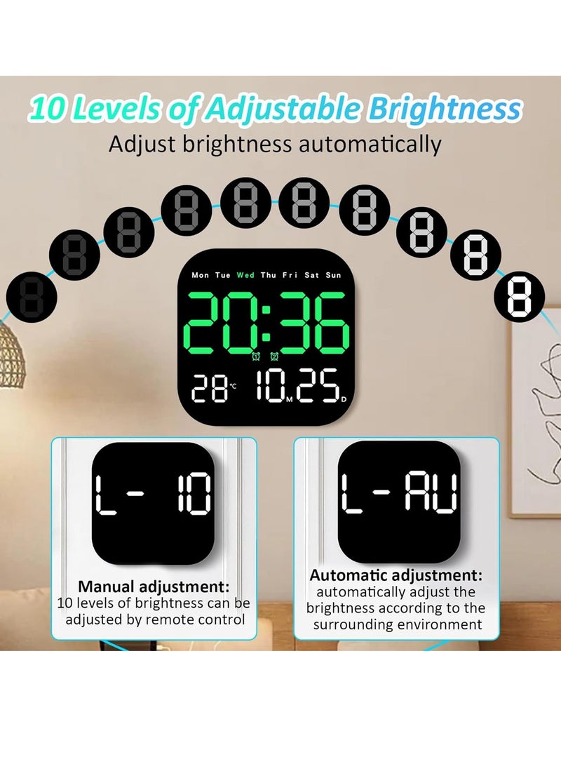 Digital Wall Clock, 10.5” LED Alarm Clock for Bedroom, with Remote Control,Date and Temperature,10 Level Brightness, Auto Dimming, for Living Room Office Gym Shop Decor