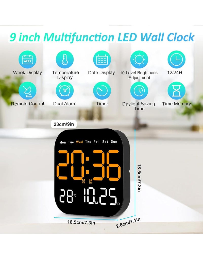 Digital Wall Clock, 10.5” LED Alarm Clock for Bedroom, with Remote Control,Date and Temperature,10 Level Brightness, Auto Dimming, for Living Room Office Gym Shop Decor