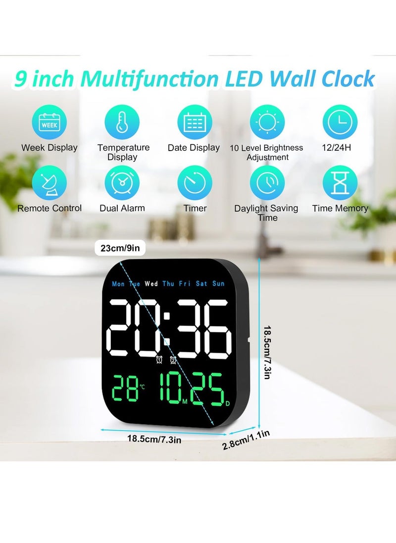 Digital Wall Clock, 10.5” LED Alarm Clock for Bedroom, with Remote Control,Date and Temperature,10 Level Brightness, Auto Dimming, for Living Room Office Gym Shop Decor