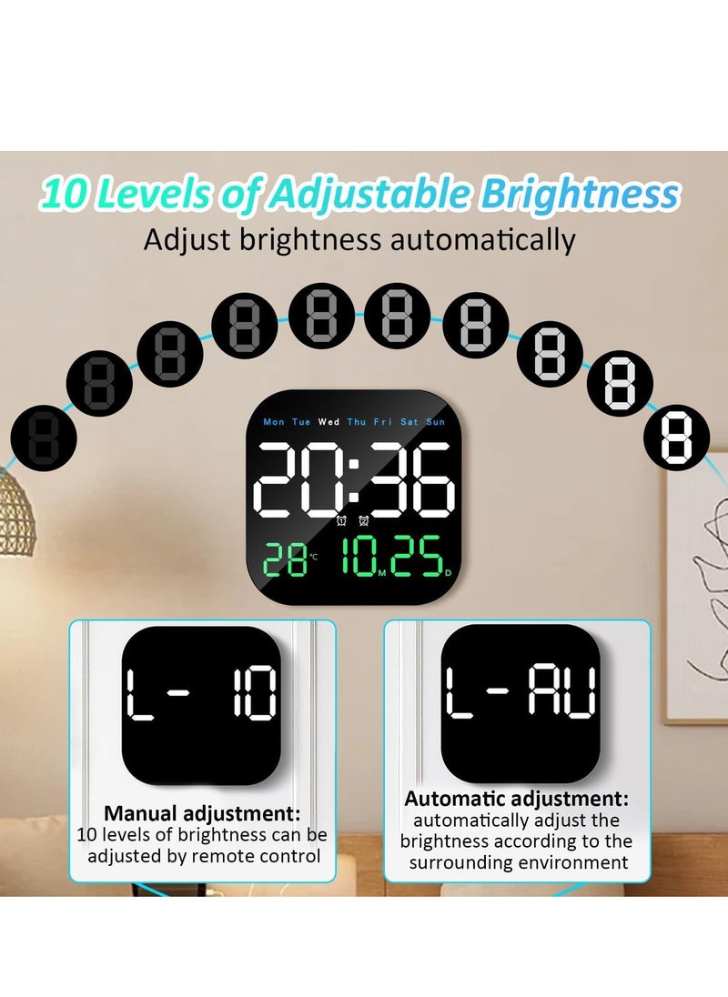 Digital Wall Clock, 10.5” LED Alarm Clock for Bedroom, with Remote Control,Date and Temperature,10 Level Brightness, Auto Dimming, for Living Room Office Gym Shop Decor