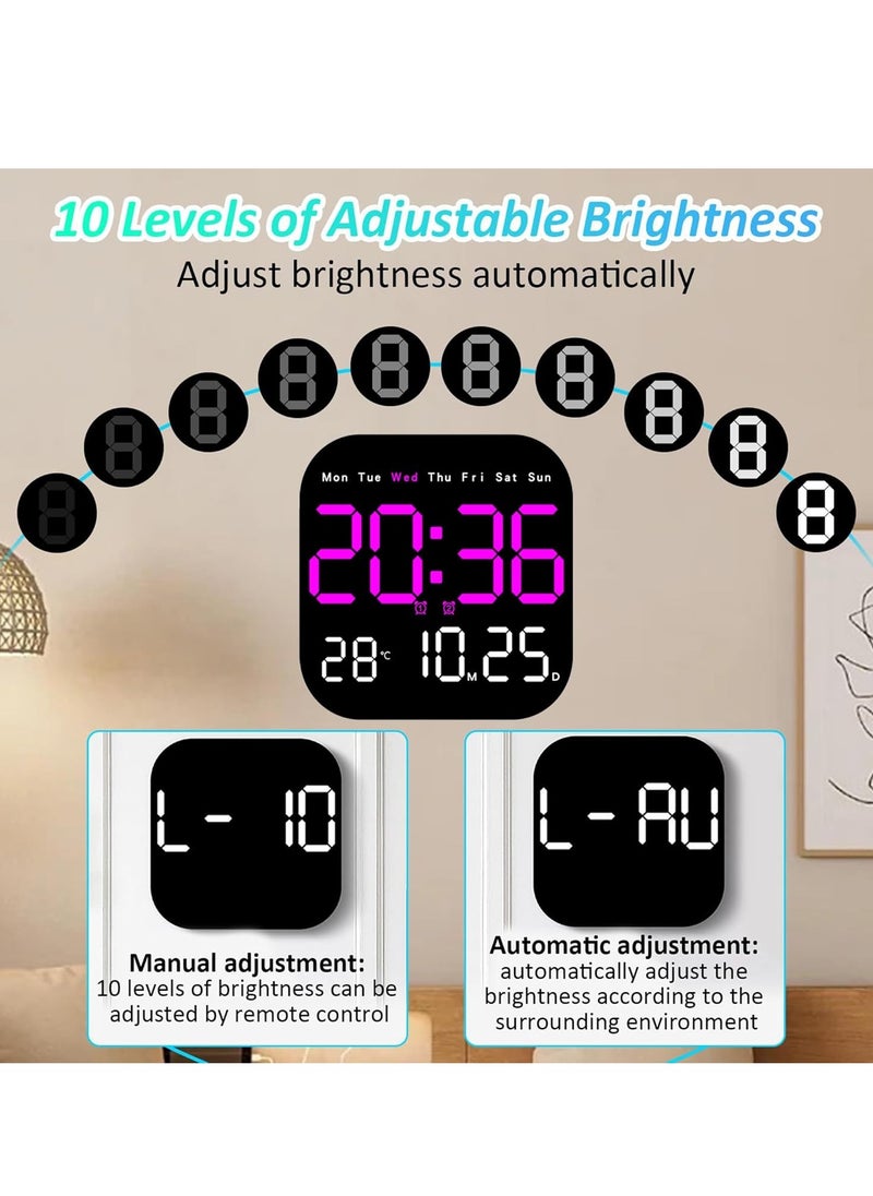 Digital Wall Clock, 10.5” LED Alarm Clock for Bedroom, with Remote Control,Date and Temperature,10 Level Brightness, Auto Dimming, for Living Room Office Gym Shop Decor