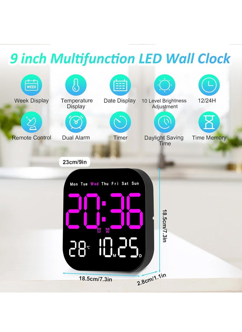 Digital Wall Clock, 10.5” LED Alarm Clock for Bedroom, with Remote Control,Date and Temperature,10 Level Brightness, Auto Dimming, for Living Room Office Gym Shop Decor