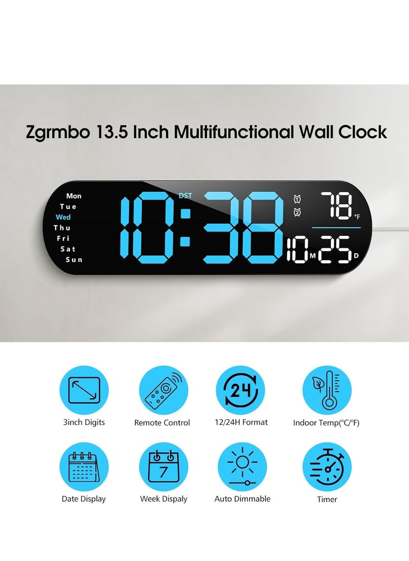 Digital Wall Clock Large Display, 14 inch Large Digital Wall Clock with RGB Color Remote Control, Date Week Temperature DST, Auto Brightness Dimmer Big Clock with Night Lights